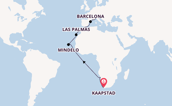 Westelijke Middellandse Zee vanaf Kaapstad, Zuid-Afrika met de Costa Deliziosa