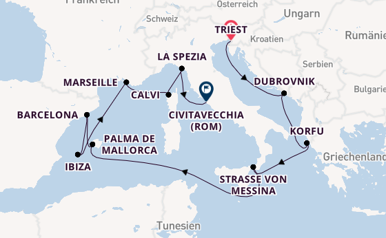 Westliches Mittelmeer ab Triest, Italien auf der Queen Elizabeth