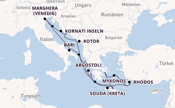 Östliches Mittelmeer ab Piräus (Athen), Griechenland auf der Costa Deliziosa