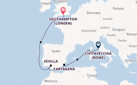 Westelijke Middellandse Zee vanaf Southampton (Londen), Engeland met de Queen Elizabeth
