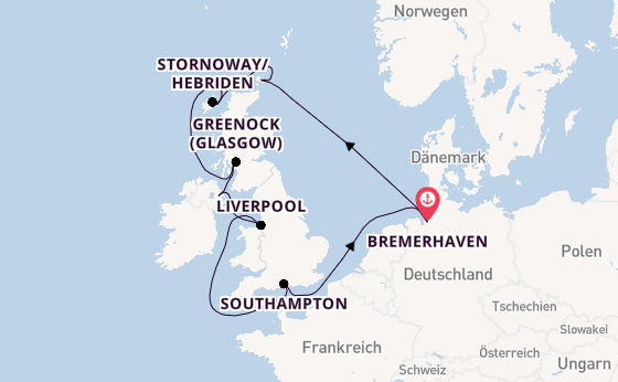 Vereinigtes Königreich ab Bremerhaven, Deutschland auf der Mein Schiff 2