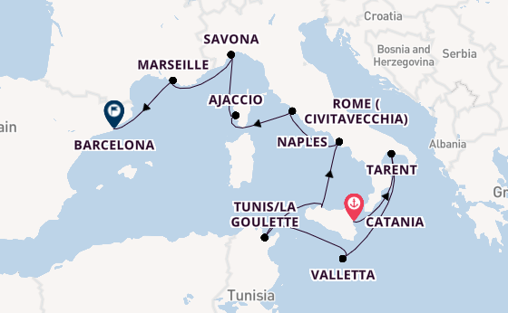 Western Mediterranean from Catania, Italy with the Costa Fascinosa