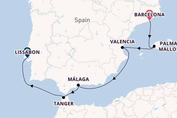 Westelijke Middellandse Zee vanaf Barcelona, Spanje met de Oosterdam