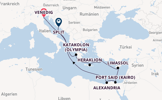 Mittelmeer ab Venedig, Italien auf der MSC Lirica