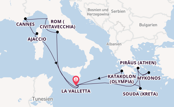 Mittelmeer ab La Valletta, Malta auf der Azura