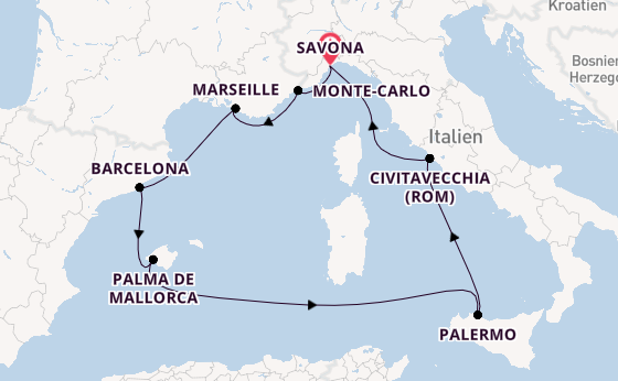 Westliches Mittelmeer ab Savona, Italien auf der Costa Toscana