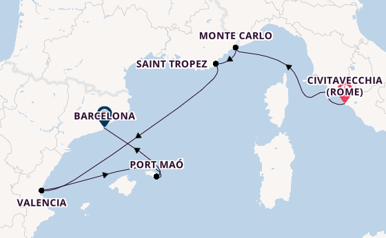 Westelijke Middellandse Zee vanaf Civitavecchia (Rome), Italië met de EXPLORA I
