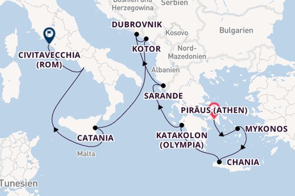 Mittelmeer ab Piräus (Athen), Griechenland auf der Caribbean Princess