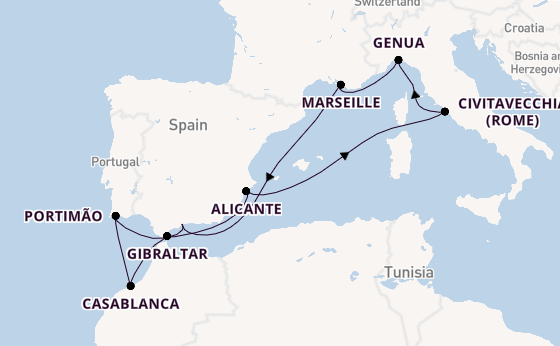 Westelijke Middellandse Zee vanaf Málaga, Spanje met de MSC Sinfonia