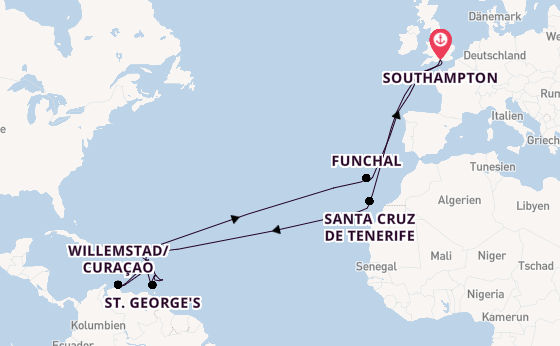 Karibik ab Southampton, Großbritannien auf der Queen Mary 2