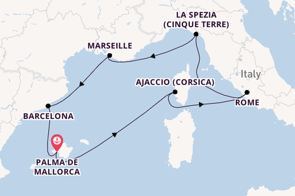 Westelijke Middellandse Zee vanaf Palma de Mallorca, Mallorca, Spanje met de Mein Schiff Flow