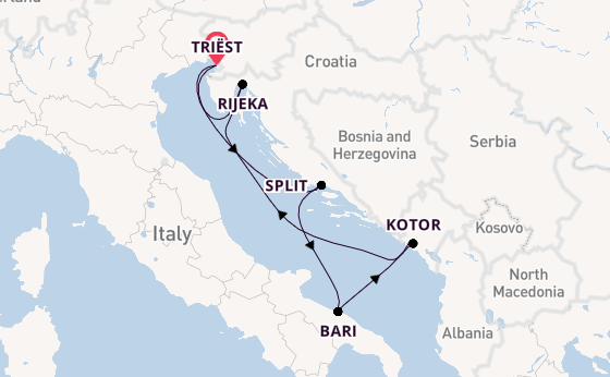 Middellandse Zee vanaf Triëst, Italië met de Mein Schiff 4