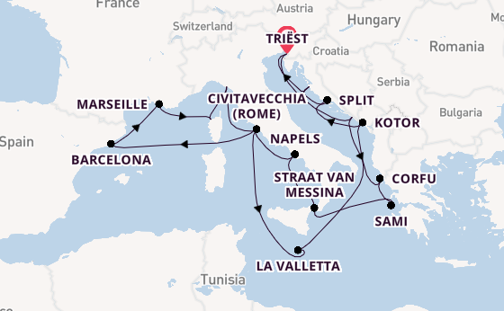 Middellandse Zee vanaf Triëst, Italië met de Queen Elizabeth