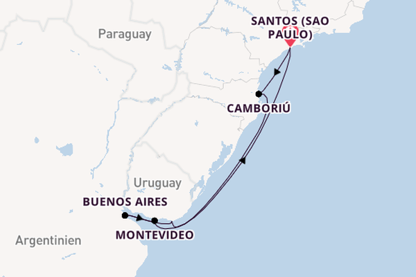 Südamerika ab Santos (Sao Paulo), Brasilien auf der MSC Meraviglia