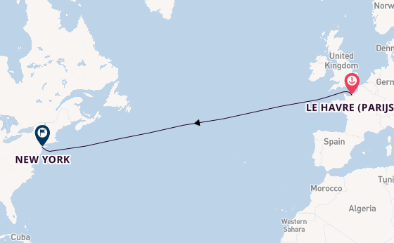trans-Atlantisch vanaf Le Havre (Parijs), Frankrijk met de Queen Mary 2