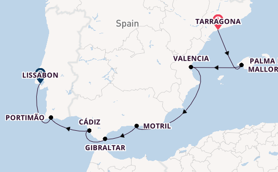 Westelijke Middellandse Zee vanaf Tarragona, Spanje met de Norwegian Dawn