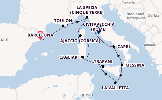 Westelijke Middellandse Zee vanaf Barcelona, Spanje met de Sirena