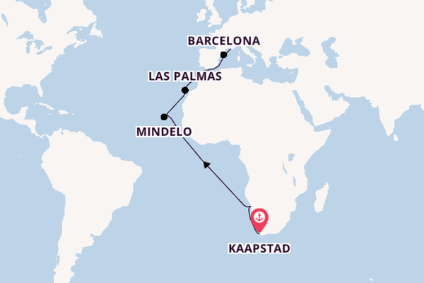 Westelijke Middellandse Zee vanaf Kaapstad, Zuid-Afrika met de Costa Deliziosa
