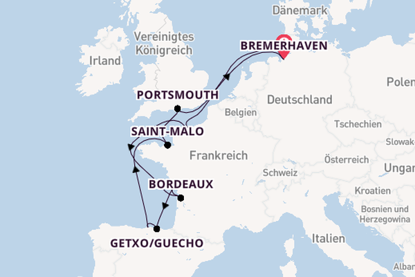 England ab Bremerhaven, Deutschland auf der Artania