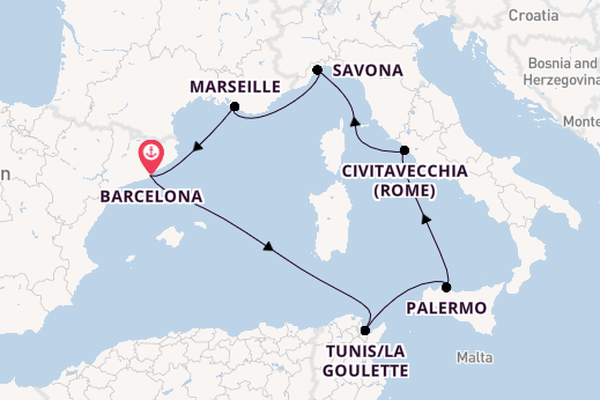 Westelijke Middellandse Zee vanaf Barcelona, Spanje met de Costa Smeralda