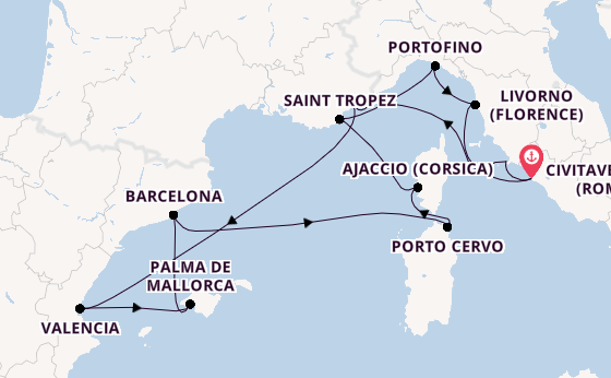 Westelijke Middellandse Zee vanaf Civitavecchia (Rome), Italië met de EXPLORA I