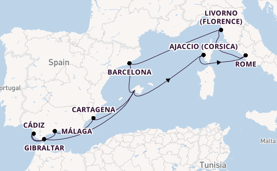 Westelijke Middellandse Zee vanaf Palma de Mallorca, Mallorca, Spanje met de Mein Schiff 2 
