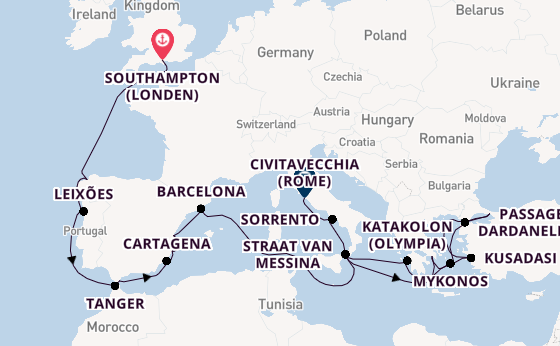 Middellandse Zee vanaf Southampton (Londen), Engeland met de Queen Elizabeth