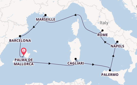 Westelijke Middellandse Zee vanaf Palma de Mallorca, Mallorca, Spanje met de Mein Schiff Flow