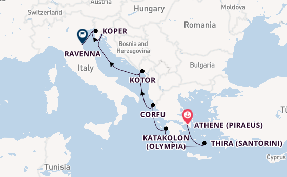 Oostelijke Middellandse Zee vanaf Athene (Piraeus), Griekenland met de Norwegian Gem