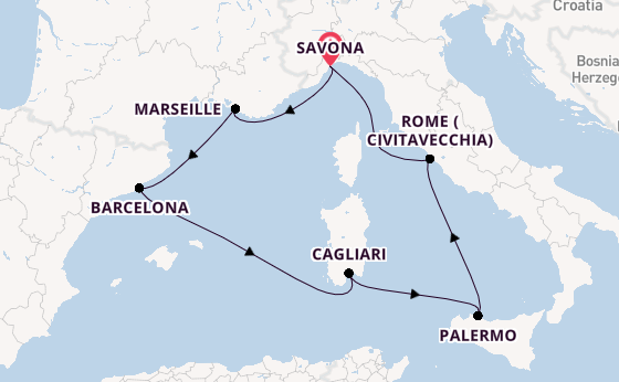 Western Mediterranean from Savona, Italy with the Costa Smeralda