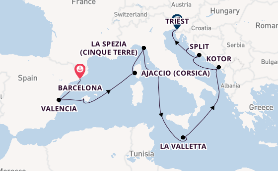 Middellandse Zee vanaf Barcelona, Spanje met de Queen Elizabeth