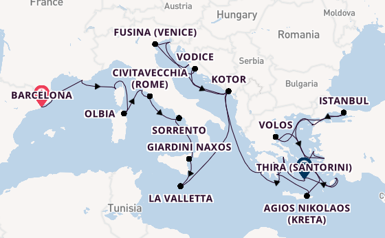 Middellandse Zee vanaf Barcelona, Spanje met de Seabourn Ovation