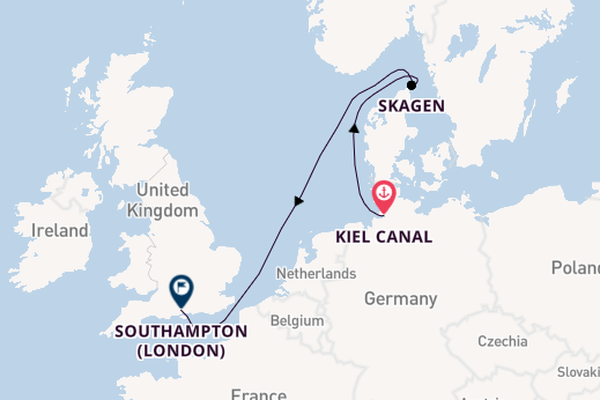 British Isles from Kiel Canal, Germany with the Queen Anne