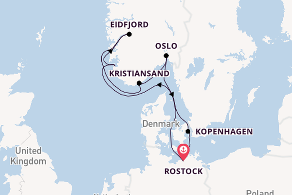 Noorwegen vanaf Rostock, Warnemünde, Duitsland met de MSC Magnifica