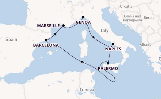 Western Mediterranean from Valletta, Malta with the MSC Seashore