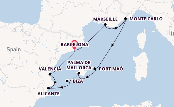 Westelijke Middellandse Zee vanaf Barcelona, Spanje met de Silver Muse