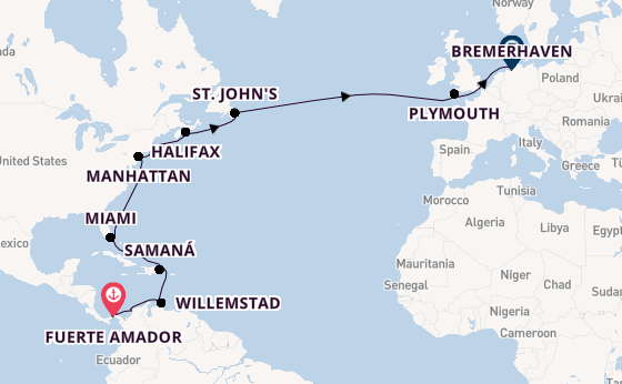 trans-Atlantisch vanaf Fuerte Amador, Panama met de Artania