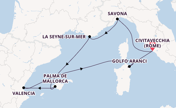 Westelijke Middellandse Zee vanaf Civitavecchia (Rome), Italië met de Costa Pacifica