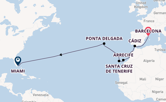 trans-Atlantisch vanaf Barcelona, Spanje met de Norwegian Gem