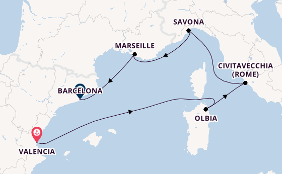 Westelijke Middellandse Zee vanaf Valencia, Spanje met de Costa Pacifica