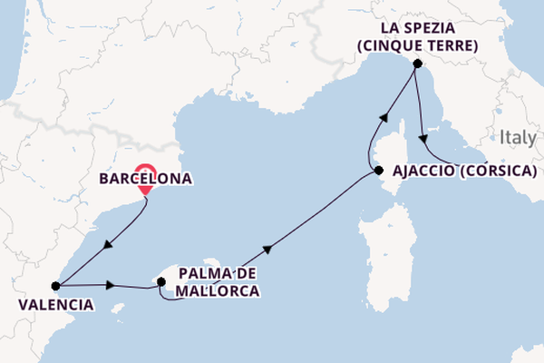 Westelijke Middellandse Zee vanaf Barcelona, Spanje met de Queen Elizabeth