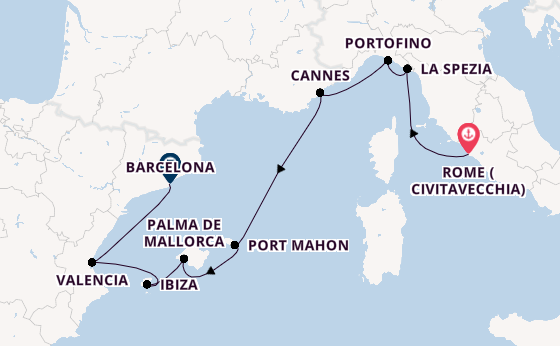 Western Mediterranean from Rome (Civitavecchia), Italy with the Seven Seas Voyager