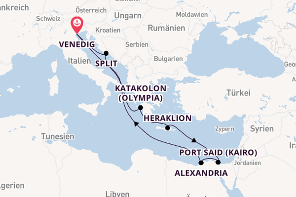 Mittelmeer ab Venedig, Italien auf der MSC Lirica