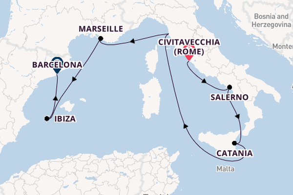 Westelijke Middellandse Zee vanaf Civitavecchia (Rome), Italië met de Norwegian Epic