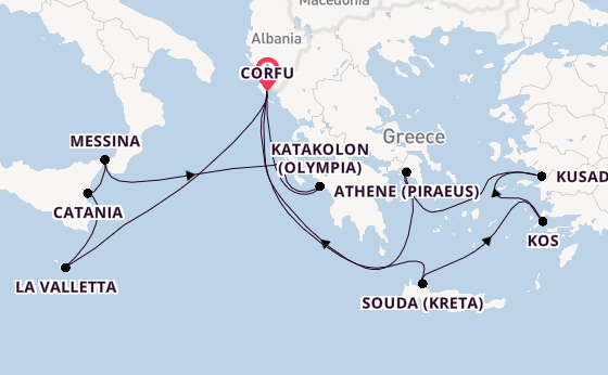 Oostelijke Middellandse Zee vanaf Corfu, Griekenland met AIDAblu