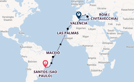 Transatlantik ab Santos (Sao Paulo), Brasilien auf der MSC Musica