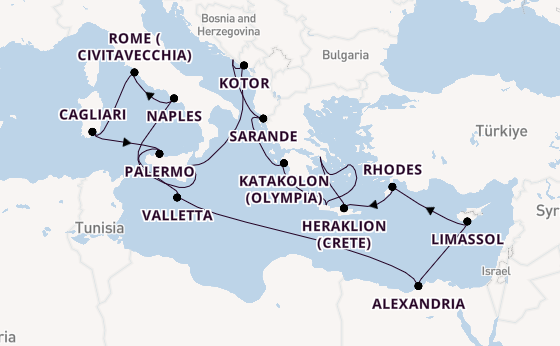Mediterranean Sea from Athens (Piraeus), Greece with the Caribbean Princess
