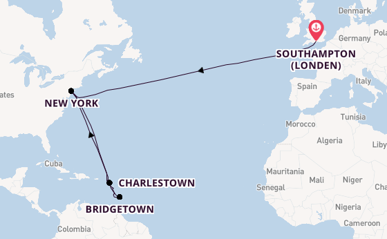 trans-Atlantisch vanaf Southampton (Londen), Engeland met de Queen Mary 2