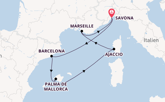 Westliches Mittelmeer ab Savona, Italien auf der Costa Favolosa