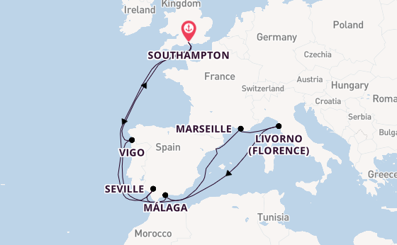 Western Mediterranean from Southampton, England with the Queen Mary 2